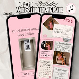 May include: A digital 3-page birthday website template for Canva displayed on two smartphones. The pink interface features text reading Special Birthday Edition, Emily Monroe, and Open Invitation, alongside photo collages, a calendar, and newspaper-style graphics.