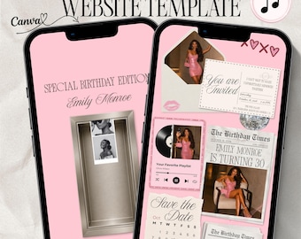 Pink Glam Newspaper Birthday Invitation, Digital Birthday Invite, Editable Canva Template, Photo Booth, RSVP Website