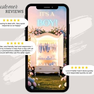 May include: A smartphone displays a digital baby shower invitation with the text "IT'S A BOY!" in blue neon. The image features a white wardrobe filled with baby clothes, surrounded by floral arrangements and customer reviews.