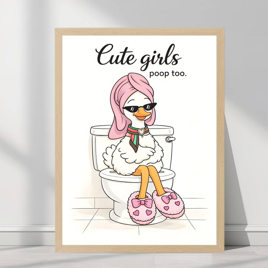 Funny Bathroom Wall Art, Cute Girls Poop Too Print, Girly Duck Bathroom ...
