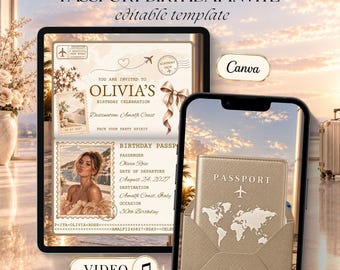 Champagne Passport Birthday Video Invitation, Editable Canva Birthday Invite, Travel Theme Digital Party Evite with Music