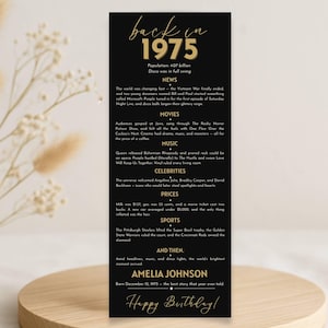 Tarjetas de lugar para cumpleaños, decoraciones editables para fiesta de 50.º cumpleaños, tarjetas de mesa doradas de 1975, imprimibles para celebrar un hito, descarga digital
