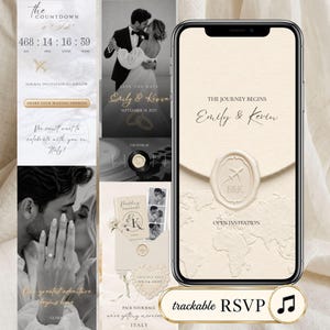 May include: A digital wedding invitation displayed on a smartphone screen featuring a cream-colored envelope with a wax seal, a world map background, and the text The Journey Begins Emily & Kevin. The interface includes a trackable RSVP button.