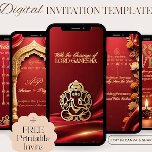 Op de afbeelding: Digitale uitnodigingssjabloon weergegeven op vijf smartphones. De schermen tonen een rood en goud ontwerp met tekst en afbeeldingen voor een bruiloft. De tekst bevat "Trouwprogramma", "RSVP" en "Met de zegeningen van Lord Ganesha".