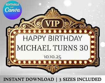 Letrero de marquesina, letrero de 30 cumpleaños, letrero editable en Canva para fiesta estilo discoteca, decoración personalizada para recepción, tablero de letras iluminado