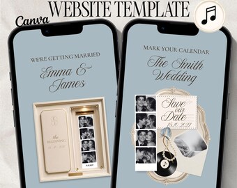 Dusty Blue Photo Booth Save the Date Website, Editable Wedding Website Template, Digital RSVP, Canva Invitation with Music