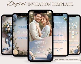 Invitación de boda digital, video de boda en azul polvoriento, video editable para guardar la fecha, invitación de boda con flores modernas, plantilla instantánea de Canva