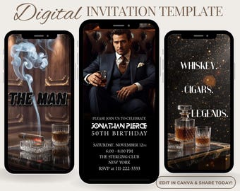 Faire-part d'anniversaire homme, modèle vidéo modifiable whisky et cigare, l'homme le mythe la légende, Evite numérique Canva, 40e 50e 60e invitation