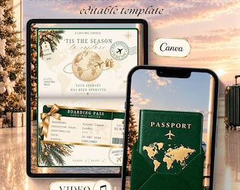 Christmas Surprise Trip Reveal Video, Holiday Destination Reveal, Passport Gift, Boarding Pass Surprise, Editable Canva Template