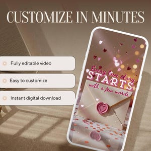 May include: A smartphone screen displays a romantic design with the text "Every love story STARTS with a few words." The image features a pink heart-shaped wax seal on an envelope, surrounded by confetti and bokeh lights. The image also includes the text "Customize in Minutes."