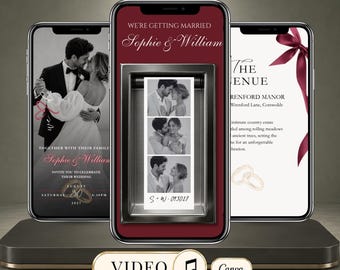 Burgundy Photo Booth Wedding Video Invitation, Animated Wedding Invite, Editable Canva Evite with Music, Digital Wedding Invitation