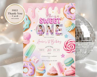 Sweet One Birthday Invitation, Candy Land Evite, Donut Candy Birthday Invite, Sweets Theme Party, Editable Phone Electronic Canva Template