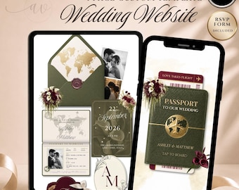 Olive Green Burgundy Wedding Website Template, Luxury Canva RSVP Website Invitation, Editable Passport Wedding Invite