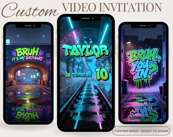 Invitación de cumpleaños "Bruh", "Bruh You In", invitación de cumpleaños estilo arcade, fiesta de cumpleaños para adolescentes, invitación de video personalizada con grafiti neón