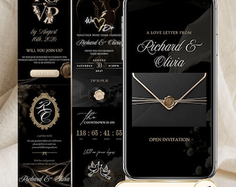Black and Gold Wedding Website with RSVP, Luxury Digital Wedding Invitation, Editable Canva Template, Music, Countdown, Monogram