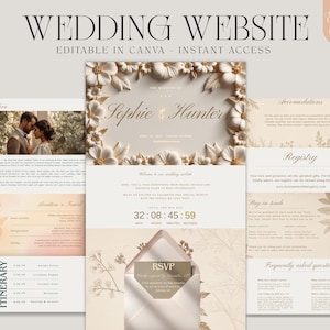 May include: A wedding website template with a floral design. The website includes sections for itinerary, accommodations, and registry. The design features the names "Sophie & Hunter" and the text "WEDDING WEBSITE EDITABLE IN CANVA - INSTANT ACCESS".