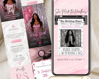 Pink Glam Newspaper Birthday Invitation Website, Birthday RSVP Invite, Editable Canva Template, Animated Digital Invite, Music, Countdown