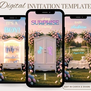 May include: Three smartphone screens displaying digital invitation templates. The first says "It's a Boy!" with a wardrobe of baby clothes. The second says "A tiny surprise is waiting" with a wardrobe. The third says "Baby Anderson" with a teddy bear.