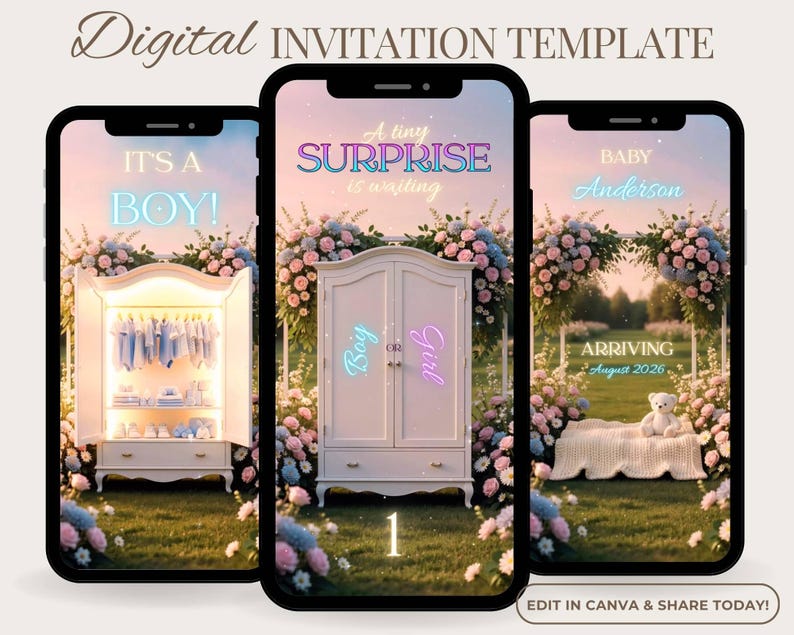 May include: Three smartphone screens displaying digital invitation templates. The first says "It's a Boy!" with a wardrobe of baby clothes. The second says "A tiny surprise is waiting" with a wardrobe. The third says "Baby Anderson" with a teddy bear.