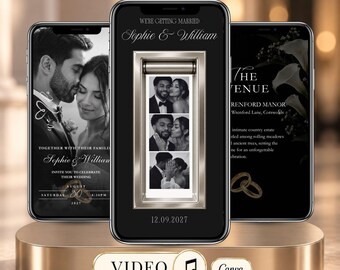 Black and White Photo Booth Wedding Video Invitation, Editable Canva Wedding Invite with Music, Elegant Digital Wedding Evite