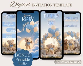 Beary First Birthday Invite, Teddy Bear First Birthday Invite, 1st Birthday Editable Canva Template, Baby Boy Bear Party