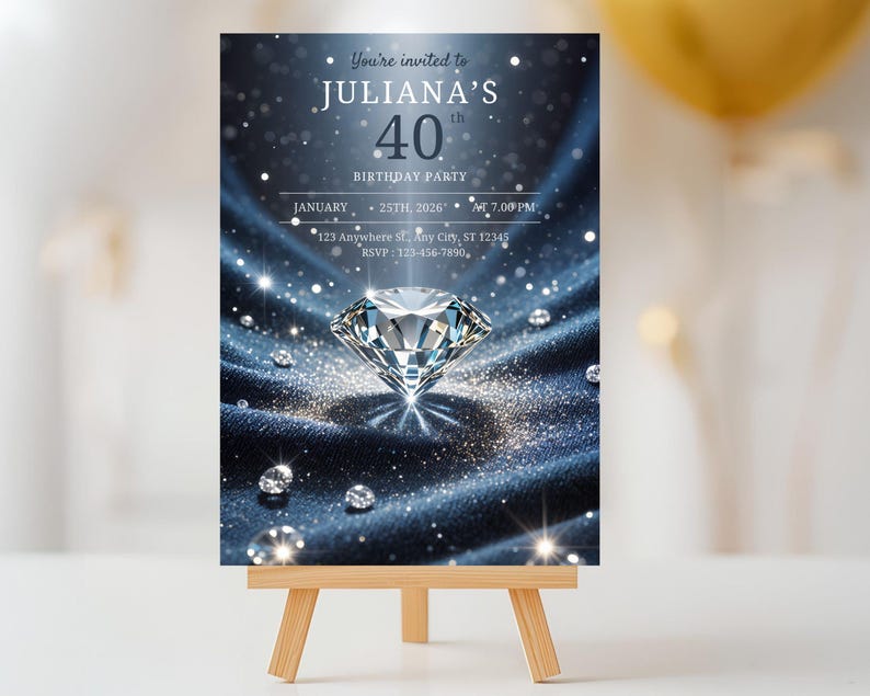 May include: A birthday party invitation on a wooden easel. The invitation features a large diamond and the text "You're invited to JULIANA'S 40th BIRTHDAY PARTY" with date, time, and RSVP information.