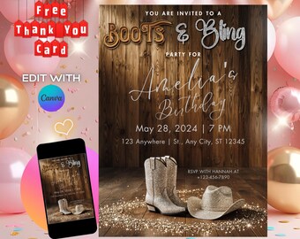 Boots and Bling Birthday Invitation, Editable Template, Cowgirl Party Invite, Western Birthday, Country Glam Theme