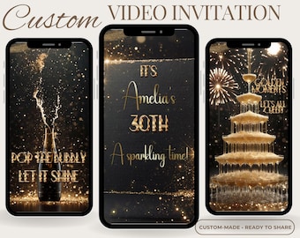 Faire-part d'anniversaire pour dîner, invitation d'anniversaire numérique de luxe, invitation vidéo élégante pour femme, invitation à une soirée champagne personnalisée