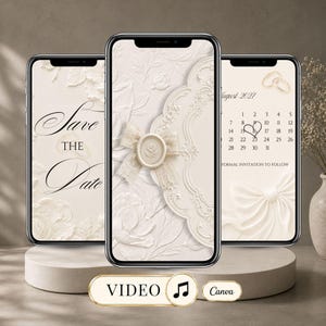 May include: Three smartphones displaying digital wedding stationery templates in cream tones. The screens feature embossed floral patterns, a wax seal with a bow, the text Save The Date, and an August 2027 calendar with a heart icon on the sixteenth.
