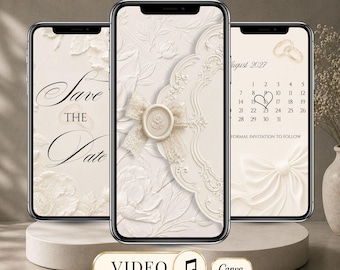 Embossed Floral Save the Date Video, Ivory Wedding Invitation, Elegant Wedding Video Invite, Animated Canva Template with Music