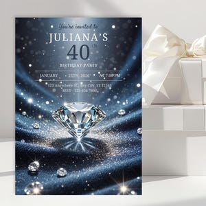 May include: A navy blue invitation for Juliana's 40th birthday party. The invitation features a large diamond, sparkling accents, and the text "You're invited to JULIANA'S 40th BIRTHDAY PARTY" with the date, time, and RSVP information.