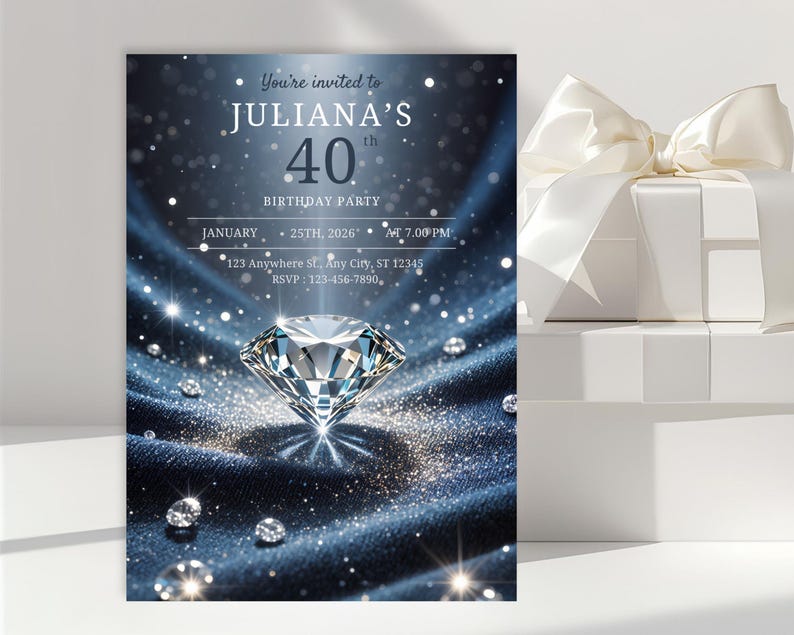 May include: A navy blue invitation for Juliana's 40th birthday party. The invitation features a large diamond, sparkling accents, and the text "You're invited to JULIANA'S 40th BIRTHDAY PARTY" with the date, time, and RSVP information.