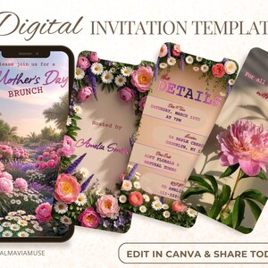 May include: Digital invitation template for Mother's Day brunch. The design features a floral theme with pink roses, daisies, and lavender. The invitation includes the text "Mother's Day Brunch", "Hosted by Amelia Smith", and "Edit in Canva & Share Today!"