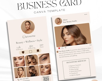 Plantilla de tarjeta de presentación de Instagram, tarjeta de presentación de belleza DIY en Canva, tarjeta para técnico de pestañas, estilista y técnico de uñas, descarga digital editable