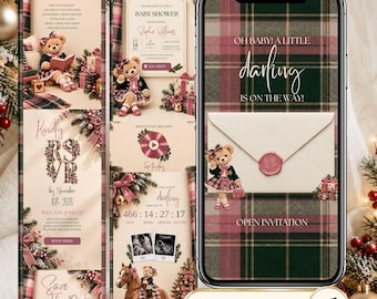 Preppy Teddy Christmas Baby Shower Website with RSVP, Pink Tartan Girl Baby Shower Invite, Little Darling Editable Canva Template