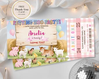 Farm Animals Birthday Invitation Template, Pink Barnyard Party Digital Download, Farm Animal Party Ticket Invite, Editable Printable Canva