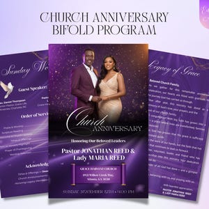 May include: A purple bi-fold church anniversary program with the text "Church Anniversary Bifold Program." The program features a photo of a man and woman, with text including "Pastor Jonathan Reed & Lady Maria Reed."