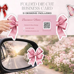 Peut inclure: Carte de visite pliée et découpée en forme de nœud rose. La carte comprend le texte « Nom de l'entreprise », des coordonnées et un code QR. Des autocollants supplémentaires en forme de nœud et de papillon sont également présentés.