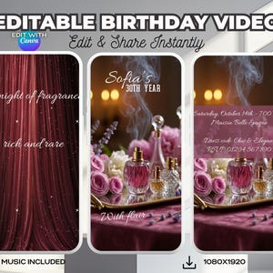 Parfümbar-Geburtstagseinladungsvideo, Luxus-Geburtstagsfeier einladen, Elegantes Parfümthema Digitale Vorlage, bearbeitbare Canva Download