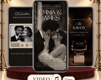 Movie Theme Wedding Video Invitation, Movie Ticket Invite, Cinema Wedding Invitation, Editable Canva Wedding Evite with Music