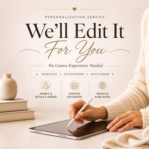 May include: A digital graphic featuring the text Personalization Service We'll Edit It For You No Canva Experience Needed. Icons represent Names & Details Added, Photos Uploaded, and Website Published for Websites, Invitations, and RSVP Forms.
