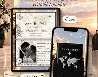 Black Passport Save the Date Video, Boarding Pass Save the Date, Travel Wedding Evite, Animated Passport Canva Template