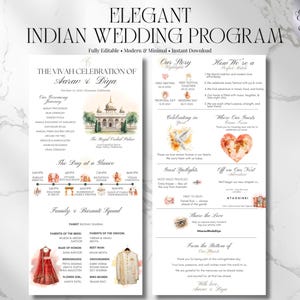 May include: An elegant Indian wedding program with a minimalist design. The program includes the couple's names, ceremony details, and a timeline. The program also features watercolor illustrations and the text "Edit in CANVA."
