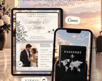 Black Passport Wedding Invitation Video, Boarding Pass Wedding Invite, Travel Wedding Evite, Animated Passport Canva Template