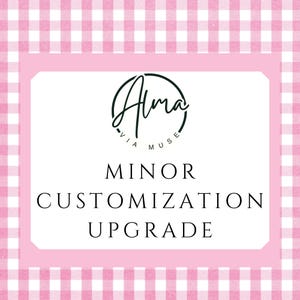 May include: A pink and white gingham pattern background with a pink rectangular frame. The frame contains the text "Alma Via Muse" in a black script font, and the words "MINOR CUSTOMIZATION UPGRADE" in a sans-serif font.
