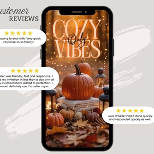 May include: A smartphone screen displays a fall-themed image with pumpkins, lanterns, and autumn leaves. The text "COZY Vibes Only" is overlaid on the image. Customer reviews with five-star ratings are also visible.