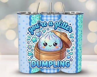 Glitter Dumpling Tumbler Wrap, Squishy Kawaii Food Cup PNG, Cute Viral Kids Design, Blue Girly Cartoon, 20oz 30oz 40oz Skinny Tumbler