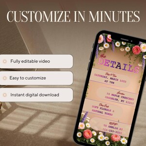May include: A smartphone displays a digital invitation with floral accents. The text reads "the DETAILS" and includes event details like date, time, and location. Additional text highlights features: "Fully editable video," "Easy to customize," and "Instant digital download."