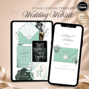 Pode incluir: Um modelo de site de casamento digital exibido em um tablet e smartphone. O design apresenta um esquema de cores verde menta com detalhes florais, incluindo um convite, um formulário RSVP e detalhes. O texto inclui "Ashley & Matthew" e "Wedding Website."