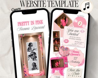 May include: A 4-page birthday website template for Canva displayed on two smartphones. The design features a pink colour palette with text reading Pretty in Pink, Sienna Laurent, You are Invited, and Save the Date, alongside photo booth strips.